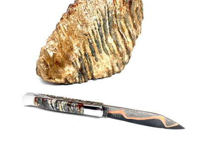 Couteau pliant damas artisanal - Roquefort en Molaire de Mammouth stabilisée et teintée lame de Damas pliable 11.5 cm GoMai-Sunset