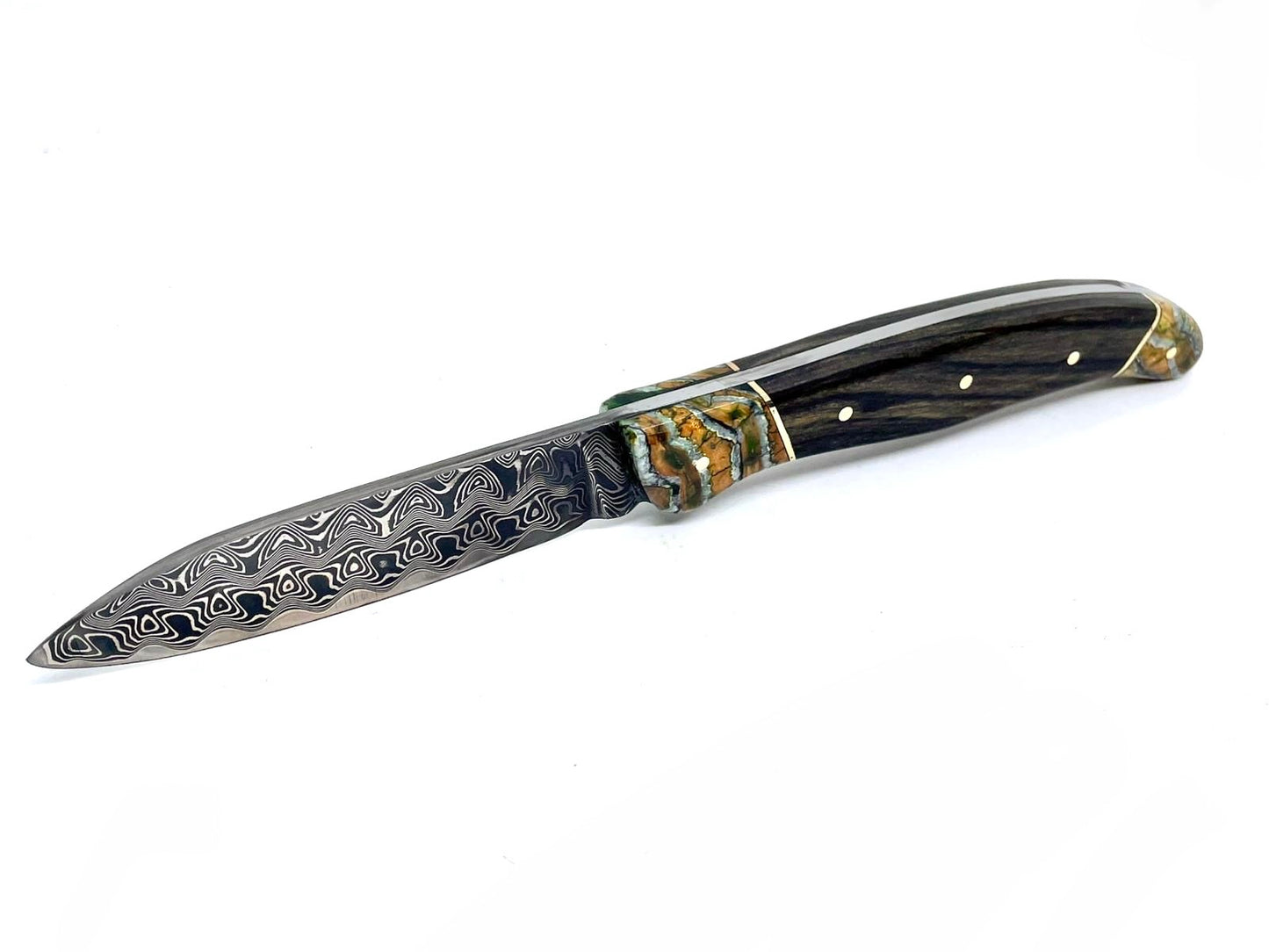 Coutellerie Passarelli - Couteau de chasse lame de Damas 10 cm fixe non pliable ébène royale du Laos et molaire de mammouth stabilisée et teintée