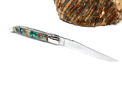 Coutellerie Passarelli - Couteau Laguiole lame pliable 12cm molaire de mammouth teintée et stabilisée abalone