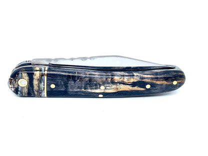 Coutellerie Passarelli - Couteau Alsacien lame pliable 10 cm mitre en molaire de mammouth, Bouleau madré teinté (noir) et stabilisé