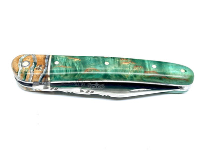 Coutellerie Passarelli - Couteau Alsacien lame pliable 10 cm mitre en molaire de mammouth, Bouleau madré teinté (vert) et stabilisé (Copie)