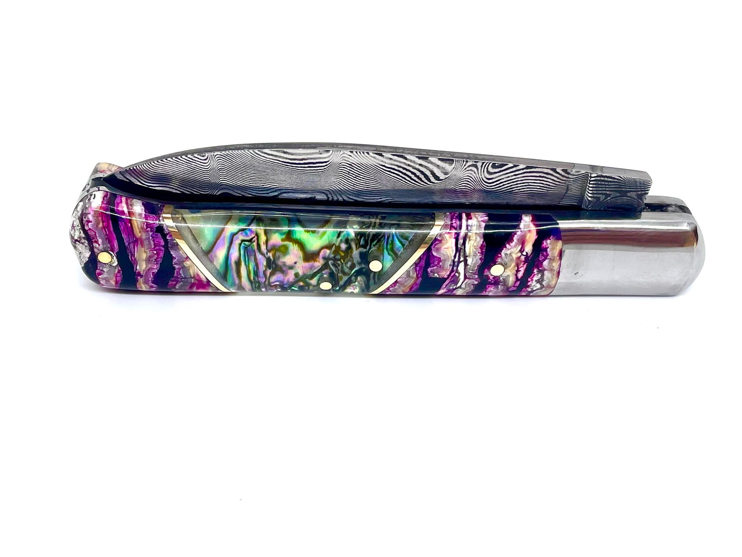 Coutellerie Passarelli - Couteau Yssingeaux lame de Damas 10,5 cm molaire de mammouth stabilisée et teintée et abalone