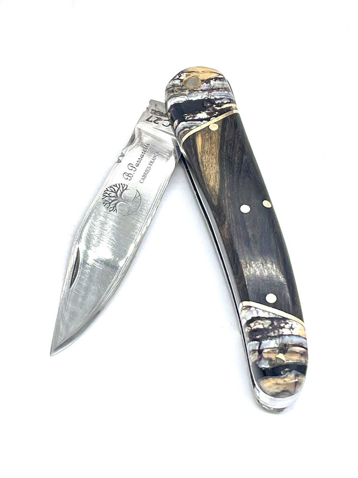 Coutellerie Passarelli - Couteau Alsacien lame pliable 10 cm mitres en molaire de mammouth, Ébène royale du Laos