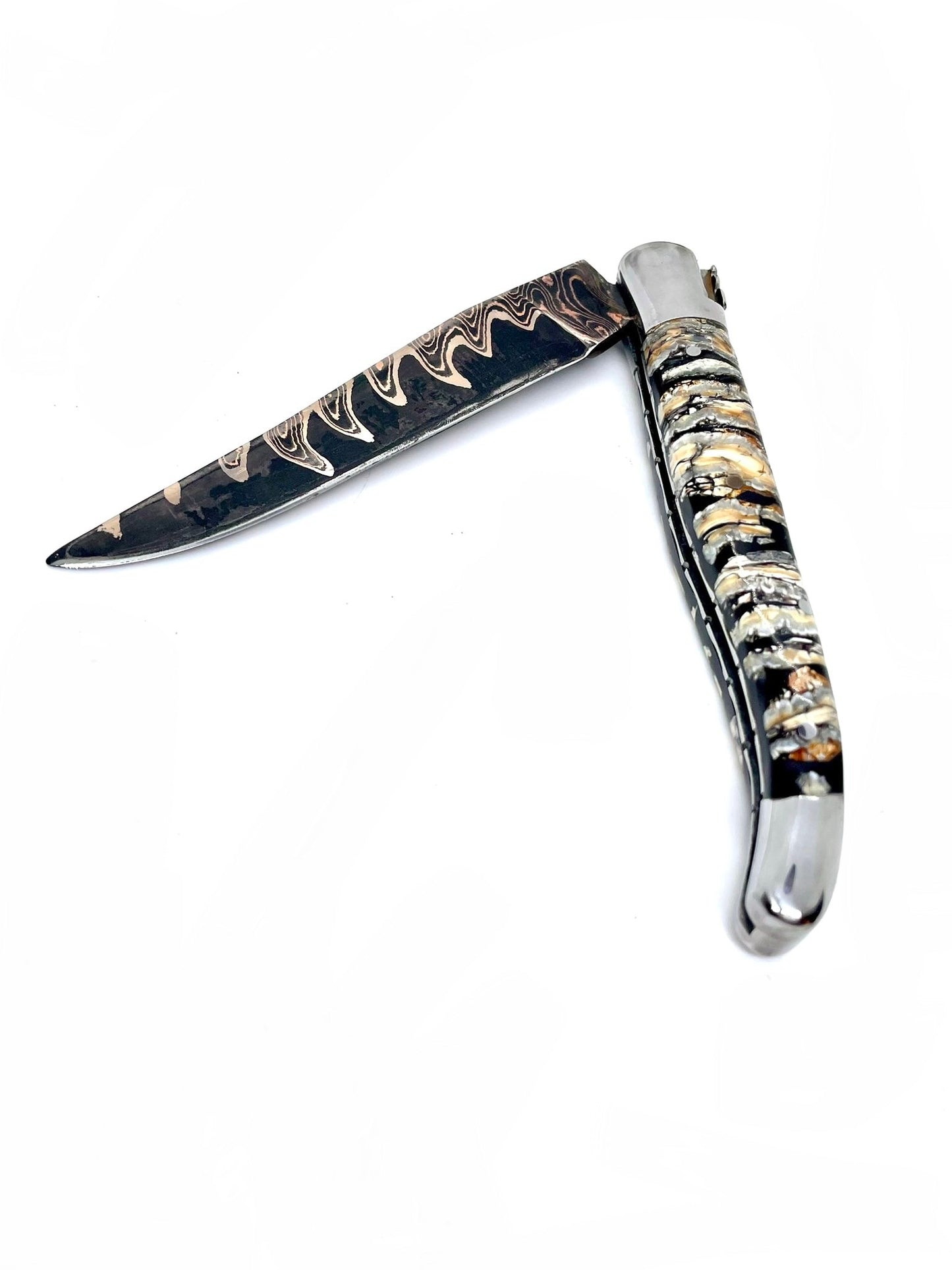 Couteau pliant damas artisanal - Laguiole Molaire de Mammouth stabilisée lame de Damas pliable 12 cm Lame Baker Forge - CopperMai Nishim - Ripple