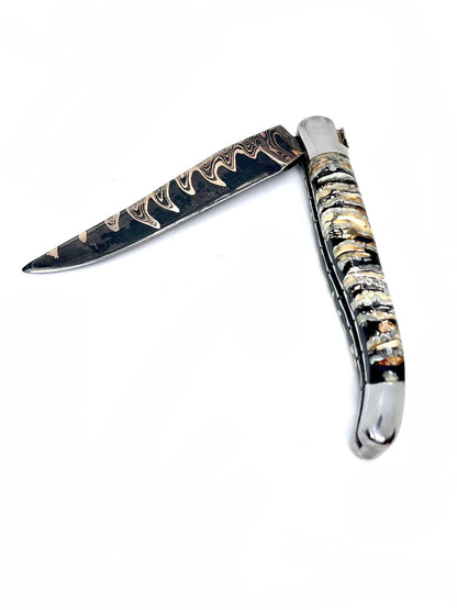 Couteau pliant damas artisanal - Laguiole Molaire de Mammouth stabilisée lame de Damas pliable 12 cm Lame Baker Forge - CopperMai Nishim - Ripple