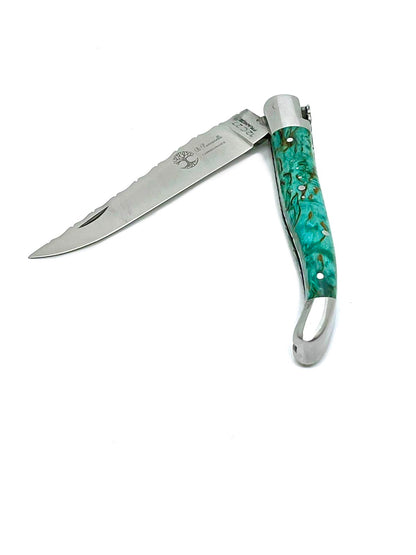 Couteau Laguiole Bouleau madré teinté Turquoise