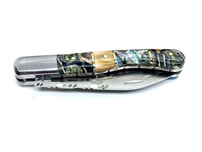 Coutellerie Passarelli - Couteau Aurillac lame pliable 10.5 cm défense et molaire de mammouth, abalone lame pliable 10.5cm