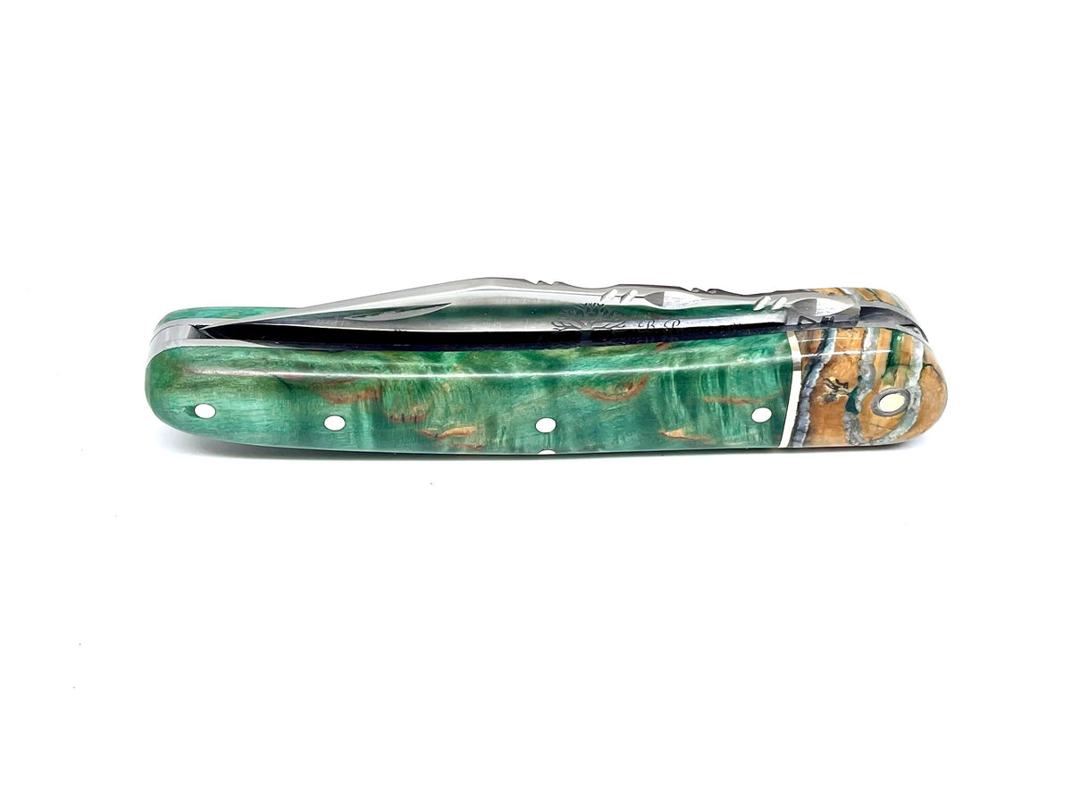 Coutellerie Passarelli - Couteau Alsacien lame pliable 10 cm mitre en molaire de mammouth, Bouleau madré teinté (vert) et stabilisé (Copie)