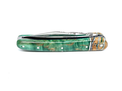 Coutellerie Passarelli - Couteau Alsacien lame pliable 10 cm mitre en molaire de mammouth, Bouleau madré teinté (vert) et stabilisé (Copie)