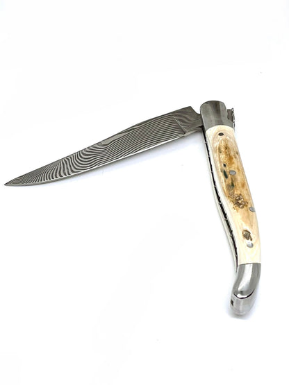 Couteau pliant damas artisanal modèle Laguiole en défense de mammouth