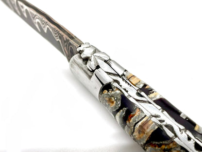 Couteau pliant damas artisanal - Laguiole Molaire de Mammouth stabilisée lame de Damas pliable 12 cm Lame Baker Forge - CopperMai Nishim - Ripple