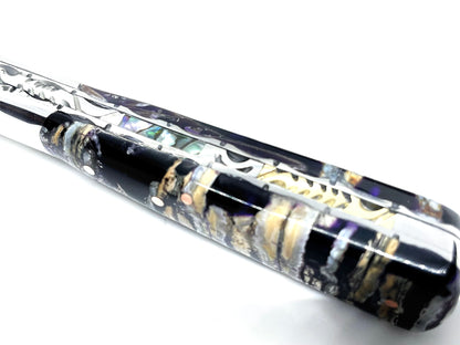 Couteau pliant damas artisanal - Vendetta Molaire de Mammouth stabilisée lame de Damas pliable 13 cm Lame Baker Forge - CopperMai Nishim - Ripple