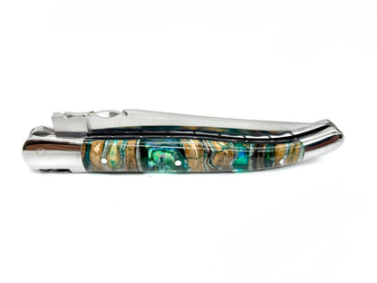 Coutellerie Passarelli - Couteau Laguiole lame pliable 12cm molaire de mammouth teintée et stabilisée abalone