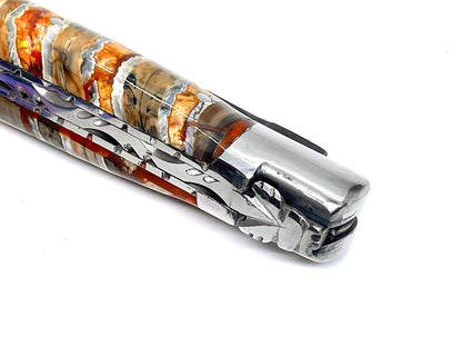 Couteau pliant damas artisanal - Laguiole en Molaire de Mammouth stabilisée et teintée jaune lame de Damas pliable 12 cm Cushim - Dark Mai