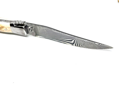 Couteau pliant damas artisanal modèle Laguiole en défense de mammouth