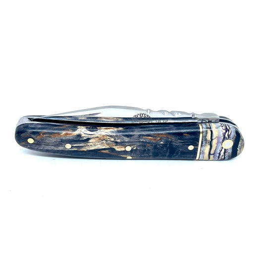 Coutellerie Passarelli - Couteau Alsacien lame pliable 10 cm mitre en molaire de mammouth, Bouleau madré teinté (noir) et stabilisé