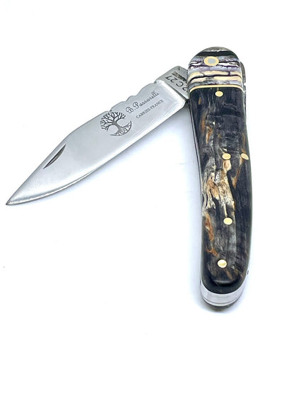 Coutellerie Passarelli - Couteau Alsacien lame pliable 10 cm mitre en molaire de mammouth, Bouleau madré teinté (noir) et stabilisé