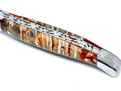 Couteau pliant damas artisanal - Laguiole en Molaire de Mammouth stabilisée et teintée jaune lame de Damas pliable 12 cm Cushim - Dark Mai