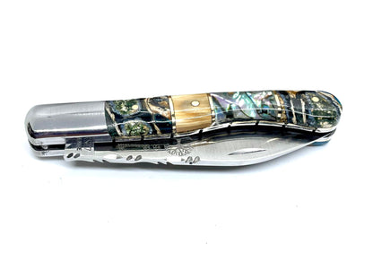 Coutellerie Passarelli - Couteau Aurillac lame pliable 10.5 cm défense et molaire de mammouth, abalone lame pliable 10.5cm