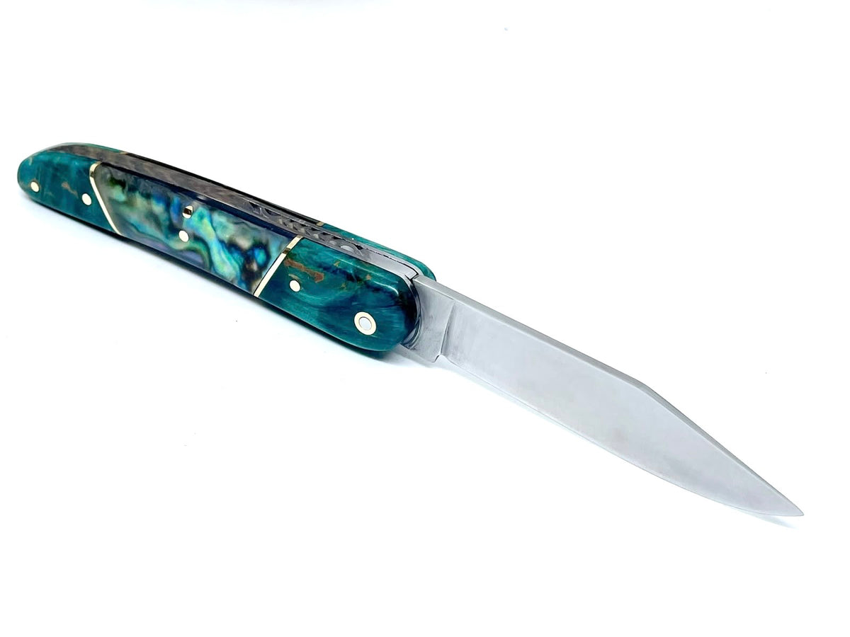 Coutellerie Passarelli - Couteau Alsacien lame pliable 10, Bouleau madré teinté (turquoise) et stabilisé, Abalone
