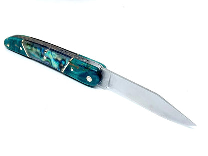 Coutellerie Passarelli - Couteau Alsacien lame pliable 10, Bouleau madré teinté (turquoise) et stabilisé, Abalone