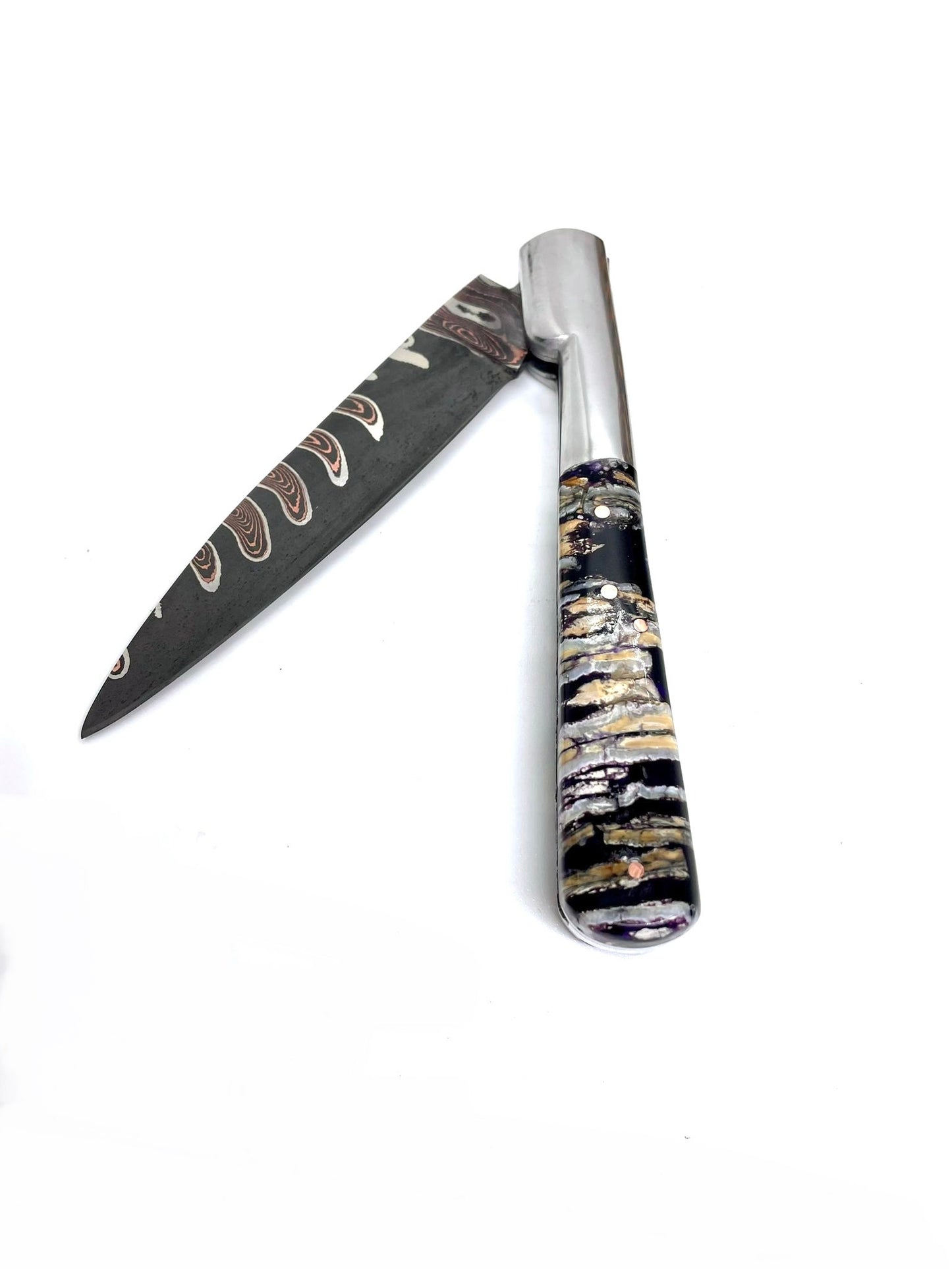 Couteau pliant damas artisanal - Vendetta Molaire de Mammouth stabilisée lame de Damas pliable 13 cm Lame Baker Forge - CopperMai Nishim - Ripple