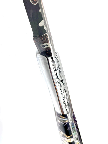 Couteau pliant damas artisanal - Vendetta Molaire de Mammouth stabilisée lame de Damas pliable 13 cm Lame Baker Forge - CopperMai Nishim - Ripple