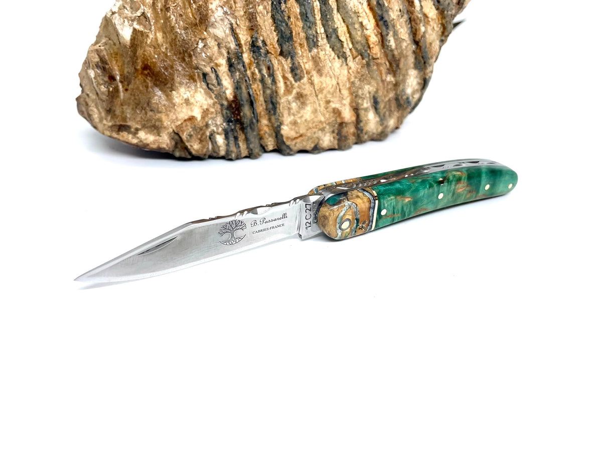 Coutellerie Passarelli - Couteau Alsacien lame pliable 10 cm mitre en molaire de mammouth, Bouleau madré teinté (vert) et stabilisé (Copie)