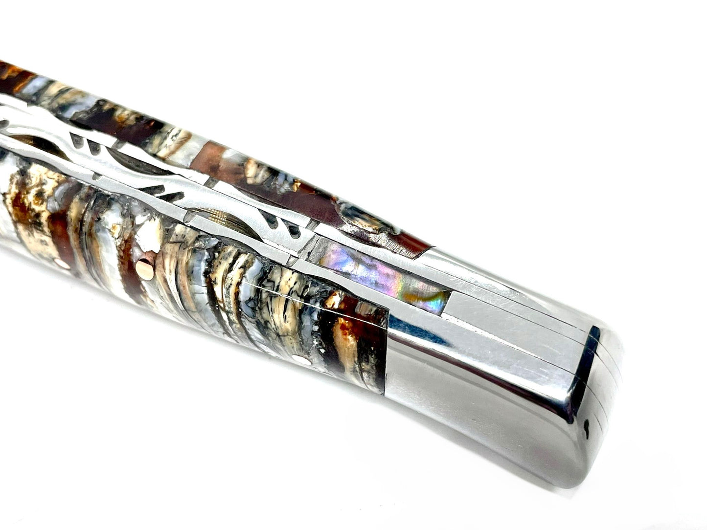 Couteau pliant damas artisanal - Roquefort en Molaire de Mammouth stabilisée et teintée lame de Damas pliable 11.5 cm GoMai-Sunset