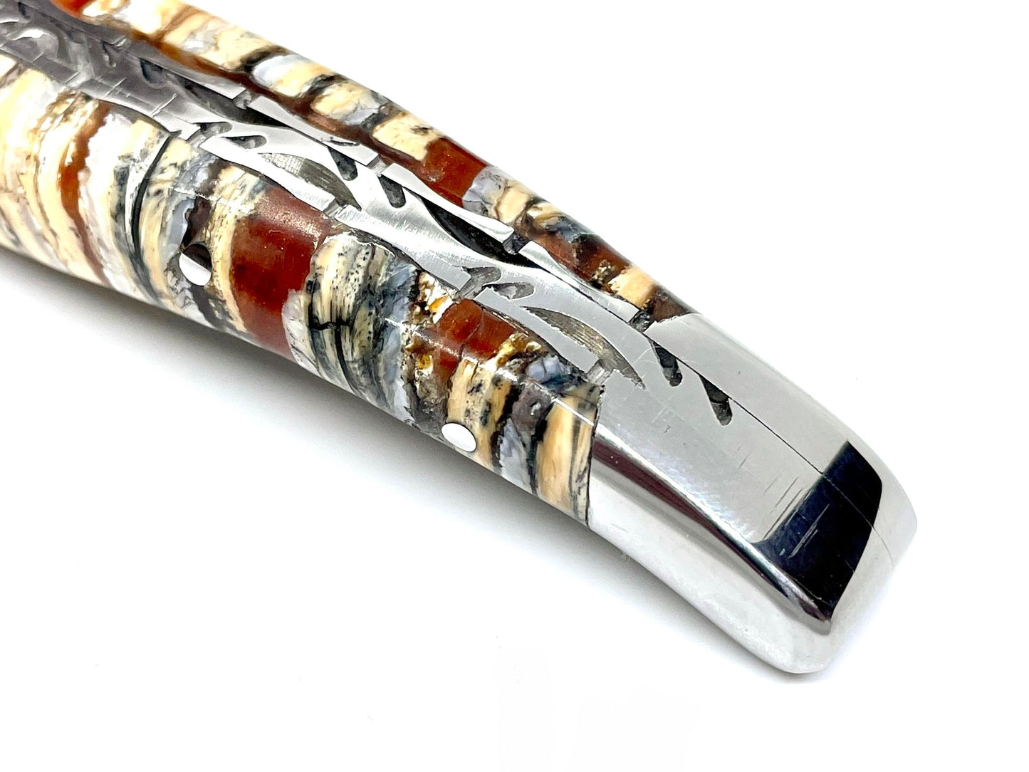 Couteau pliant damas artisanal - Laguiole Molaire de Mammouth stabilisée lame de Damas pliable 12 cm Lame Baker Forge - CopperMai Nishim - Ripple