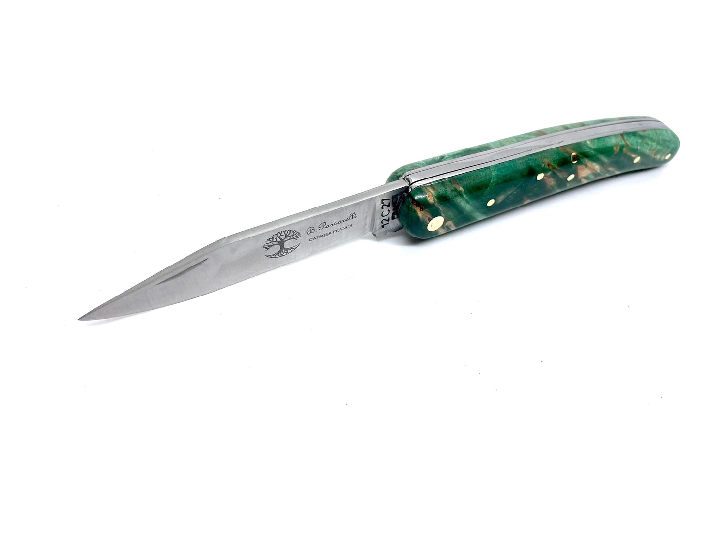 Coutellerie Passarelli - Couteau Alsacien lame pliable 10 cm Bouleau madré teinté et stabilisé vert