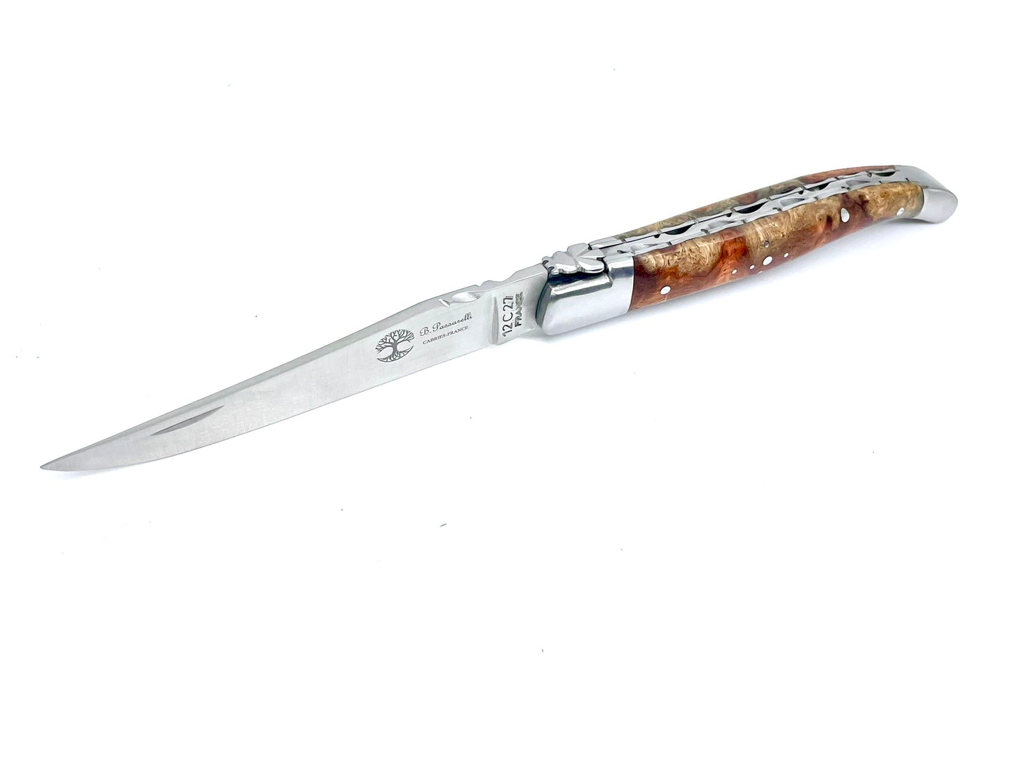 Coutellerie Passarelli - Couteau Laguiole lame pliable 12cm Loupe d’Amboine