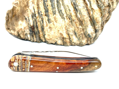 Coutellerie Passarelli - Couteau Alsacien lame pliable 10 cm mitre en molaire de mammouth, loupe d’Amboine naturelle
