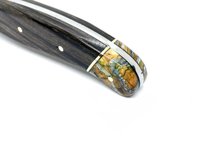 Coutellerie Passarelli - Couteau de chasse lame de Damas 10 cm fixe non pliable ébène royale du Laos et molaire de mammouth stabilisée et teintée