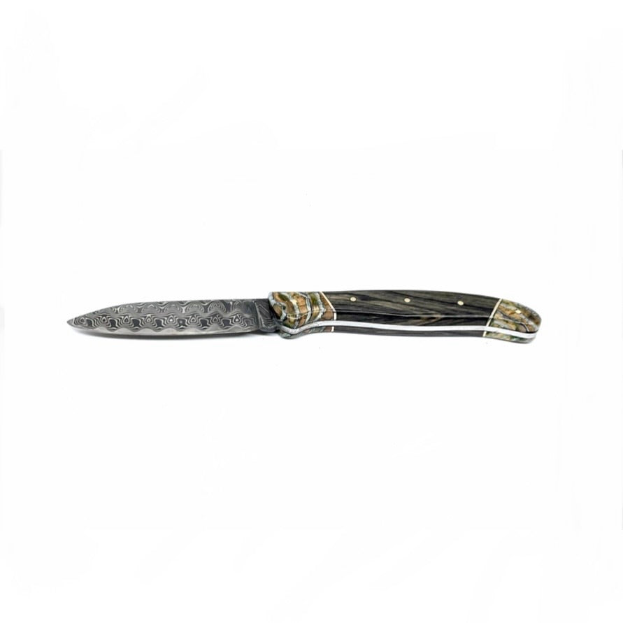 Coutellerie Passarelli - Couteau de chasse lame de Damas 10 cm fixe non pliable ébène royale du Laos et molaire de mammouth stabilisée et teintée