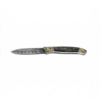 Coutellerie Passarelli - Couteau de chasse lame de Damas 10 cm fixe non pliable ébène royale du Laos et molaire de mammouth stabilisée et teintée