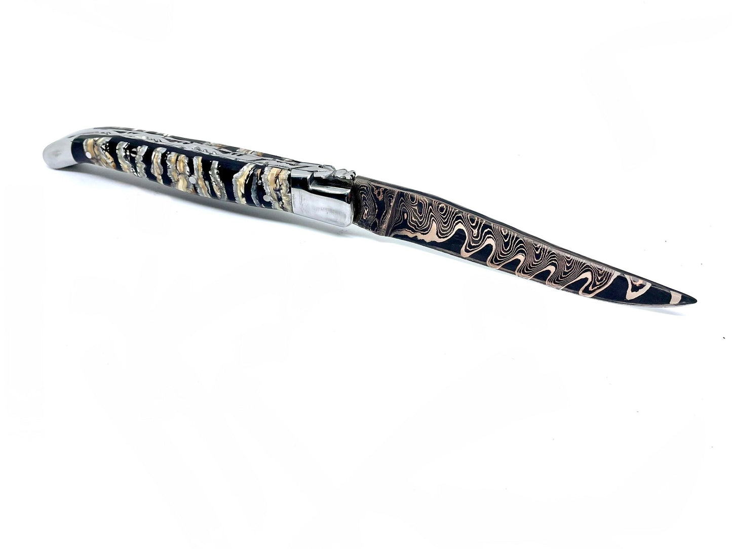 Couteau pliant damas artisanal - Laguiole Molaire de Mammouth stabilisée lame de Damas pliable 12 cm Lame Baker Forge - CopperMai Nishim - Ripple