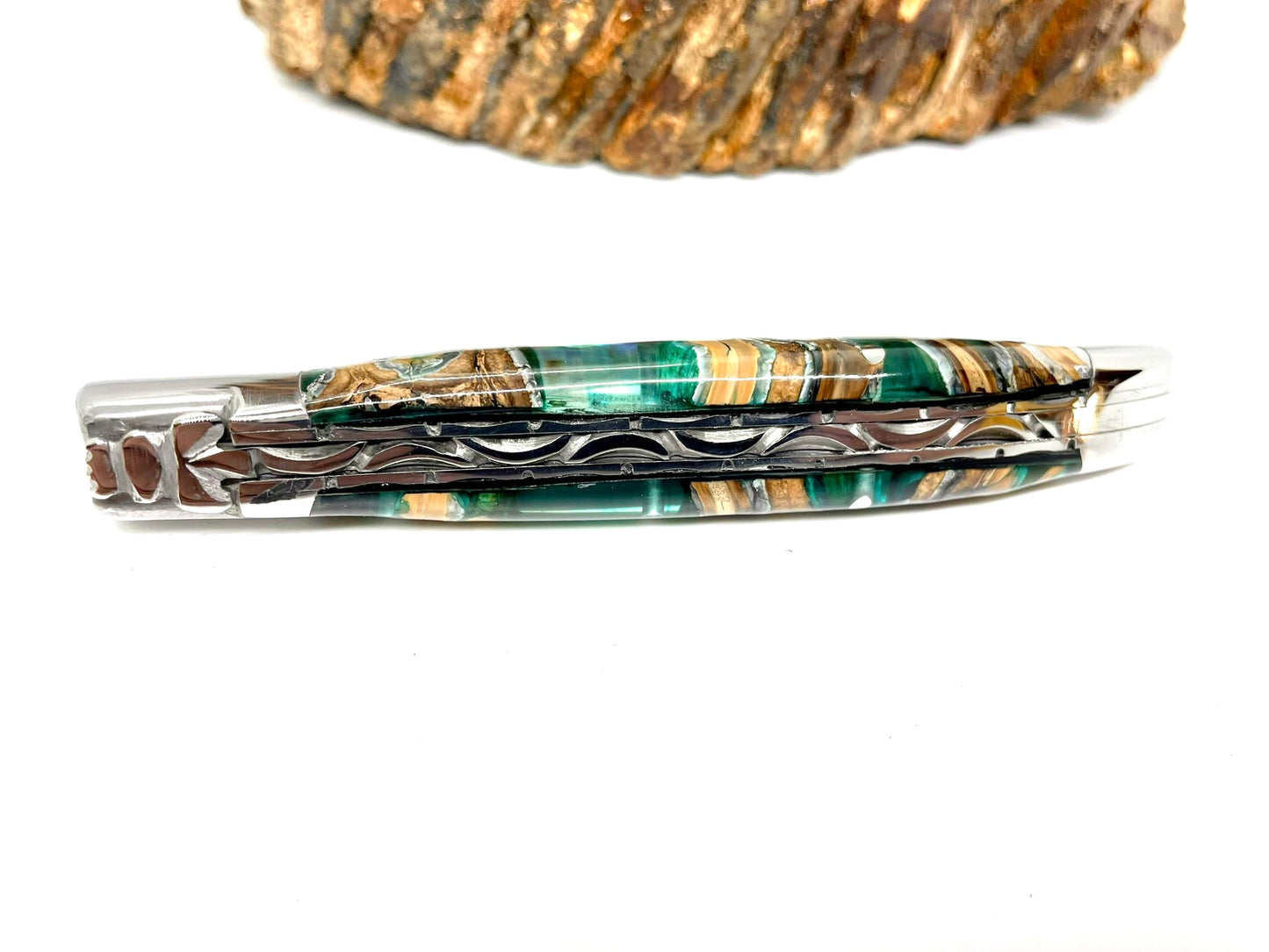 Coutellerie Passarelli - Couteau Laguiole lame pliable 12cm molaire de mammouth teintée et stabilisée abalone