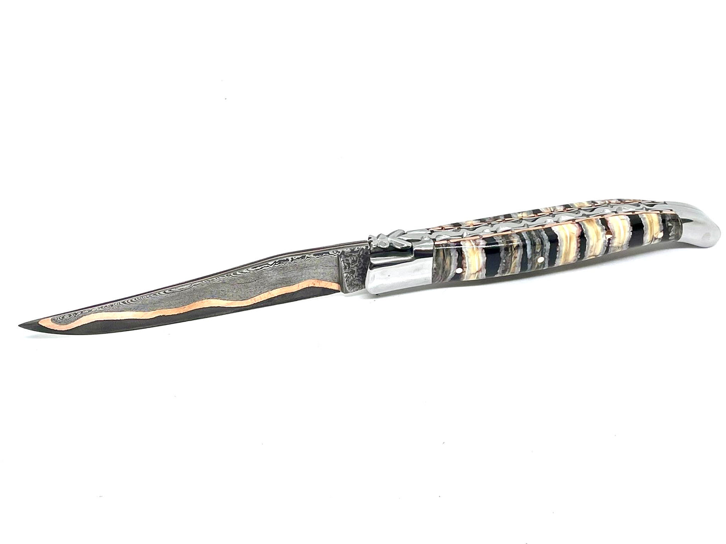 Couteau pliant damas artisanal - Laguiole en Molaire de Mammouth noire lame de Damas pliable 12 cm GoMai-Sunset
