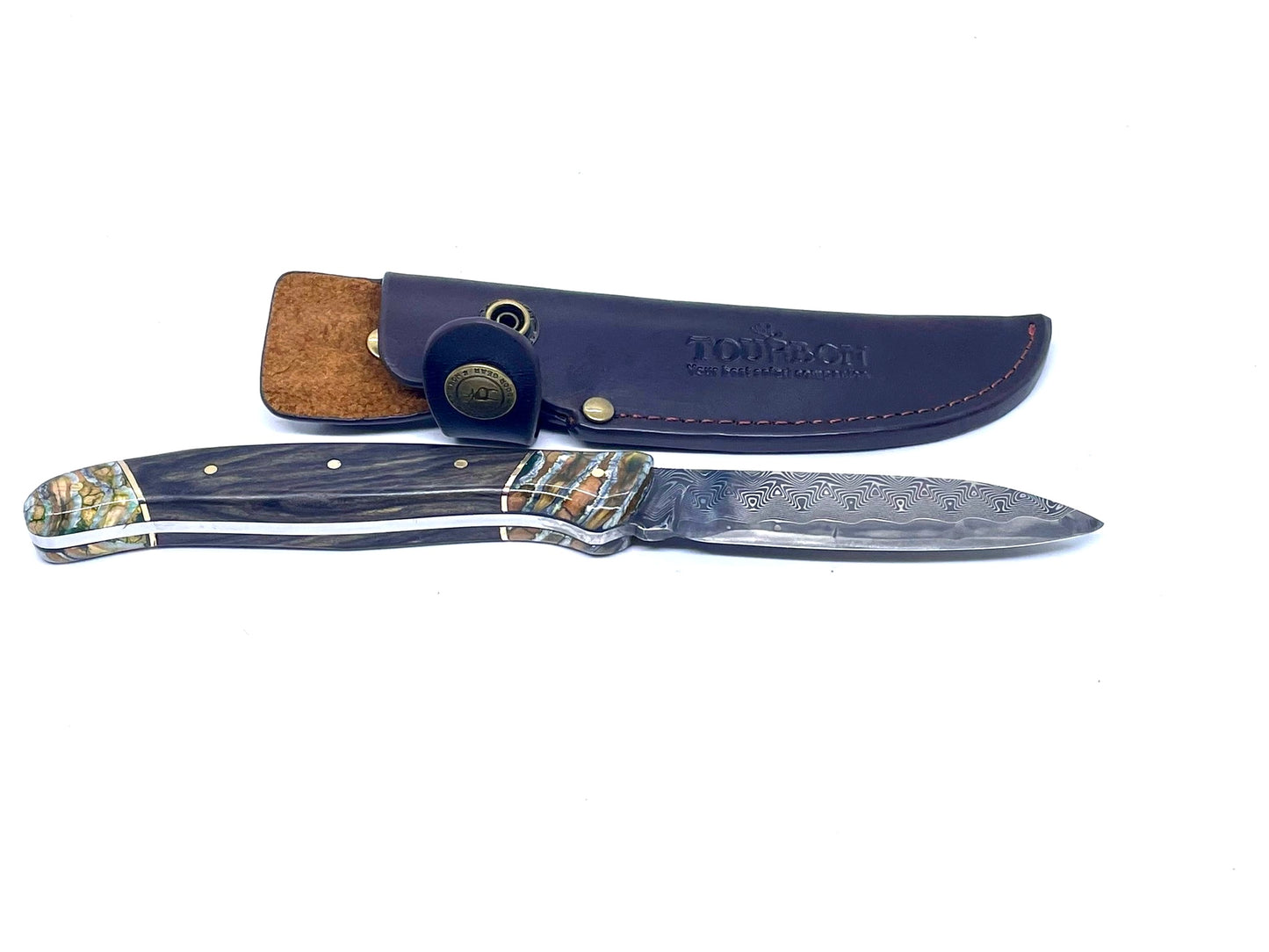 Coutellerie Passarelli - Couteau de chasse lame de Damas 10 cm fixe non pliable ébène royale du Laos et molaire de mammouth stabilisée et teintée