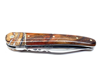 Coutellerie Passarelli - Couteau Alsacien lame pliable 10 cm mitre en molaire de mammouth, loupe d’Amboine naturelle