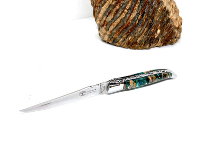Coutellerie Passarelli - Couteau Laguiole lame pliable 12cm molaire de mammouth teintée et stabilisée abalone