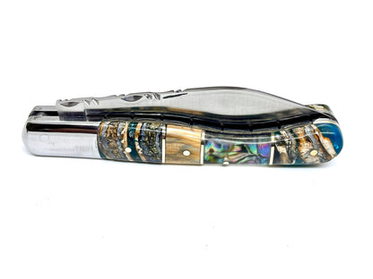 Coutellerie Passarelli - Couteau Aurillac lame pliable 10.5 cm défense et molaire de mammouth, abalone lame pliable 10.5cm