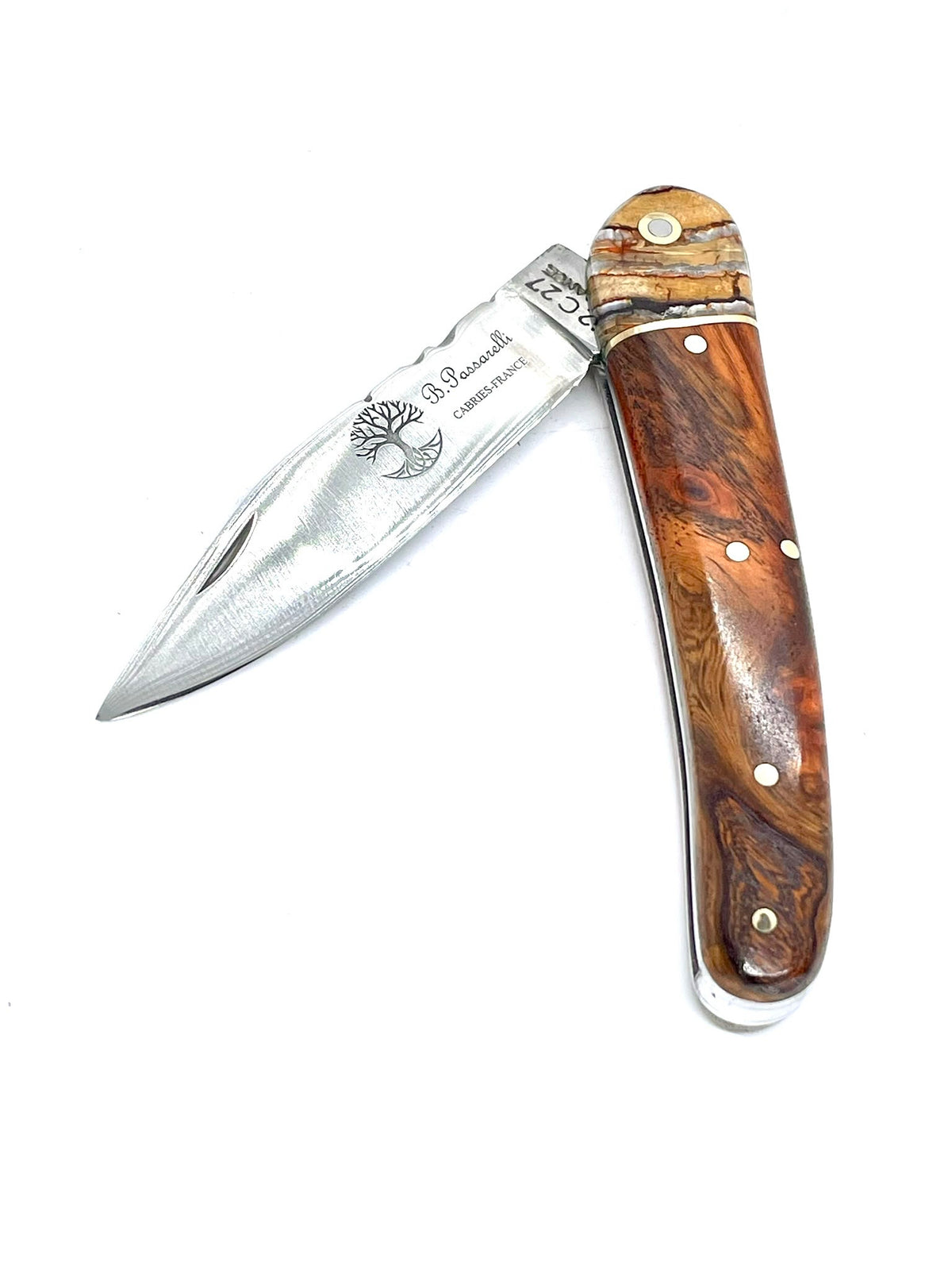 Coutellerie Passarelli - Couteau Alsacien lame pliable 10 cm mitre en molaire de mammouth, loupe d’Amboine naturelle