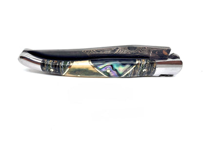 Couteau pliant damas artisanal - Laguiole Molaire de Mammouth teintée et stabilisée, défense bleue de mammouth et abalone, lame de Damas pliable 12 cm TigerMai-Raindrop