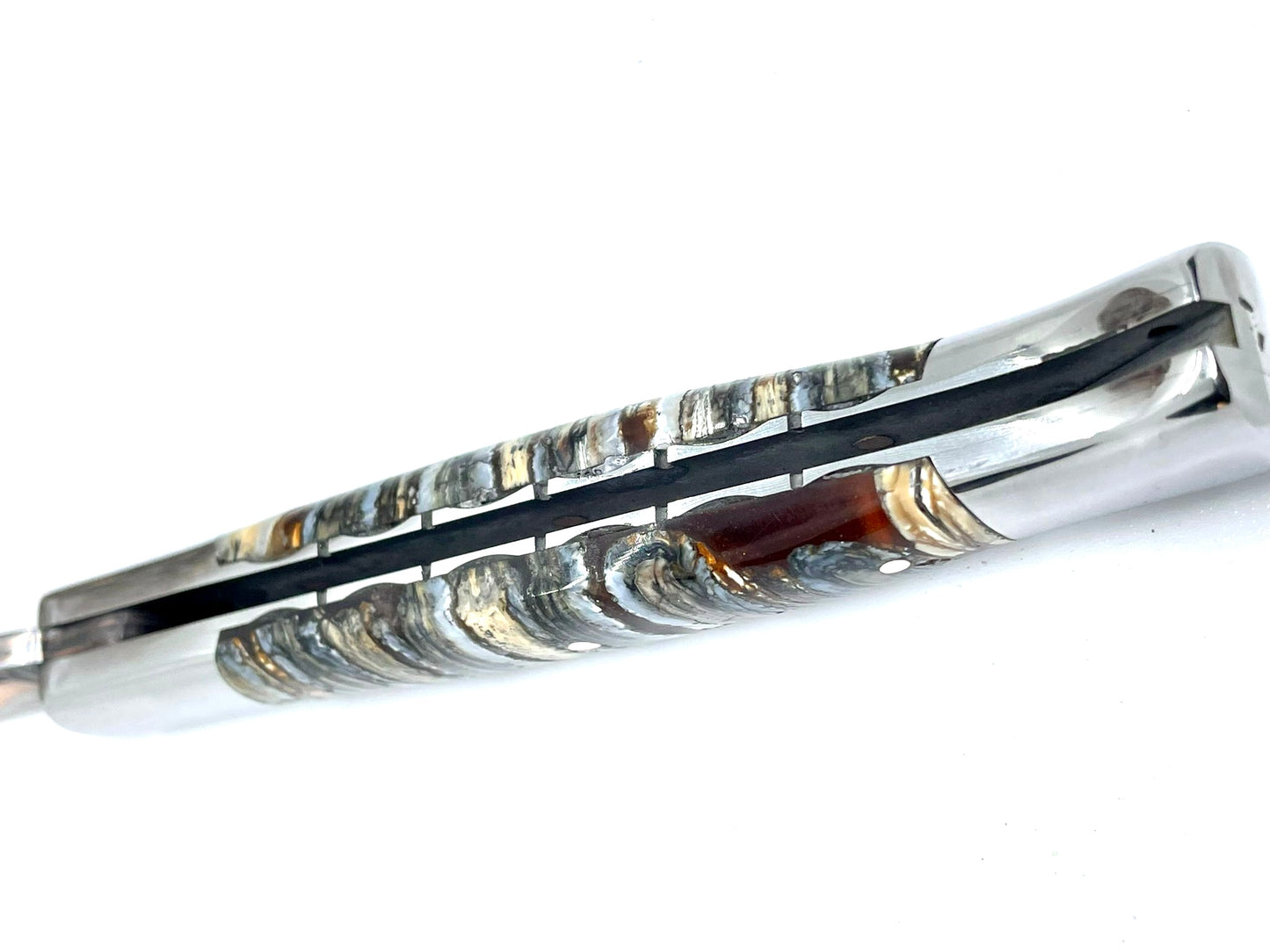 Couteau pliant damas artisanal - Roquefort en Molaire de Mammouth stabilisée et teintée lame de Damas pliable 11.5 cm GoMai-Sunset