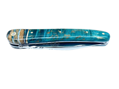 Coutellerie Passarelli - Couteau Alsacien lame pliable 10 cm mitre en molaire de mammouth, Bouleau madré teinté (turquoise) et stabilisé