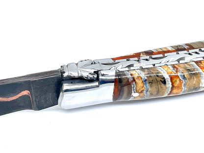 Couteau pliant damas artisanal - Laguiole en Molaire de Mammouth stabilisée et teintée jaune lame de Damas pliable 12 cm Cushim - Dark Mai