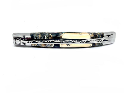 Couteau pliant damas artisanal - Laguiole Molaire de Mammouth teintée et stabilisée, défense bleue de mammouth et abalone, lame de Damas pliable 12 cm TigerMai-Raindrop