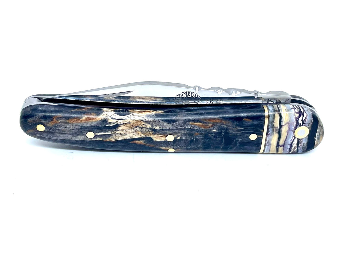 Coutellerie Passarelli - Couteau Alsacien lame pliable 10 cm mitre en molaire de mammouth, Bouleau madré teinté (noir) et stabilisé